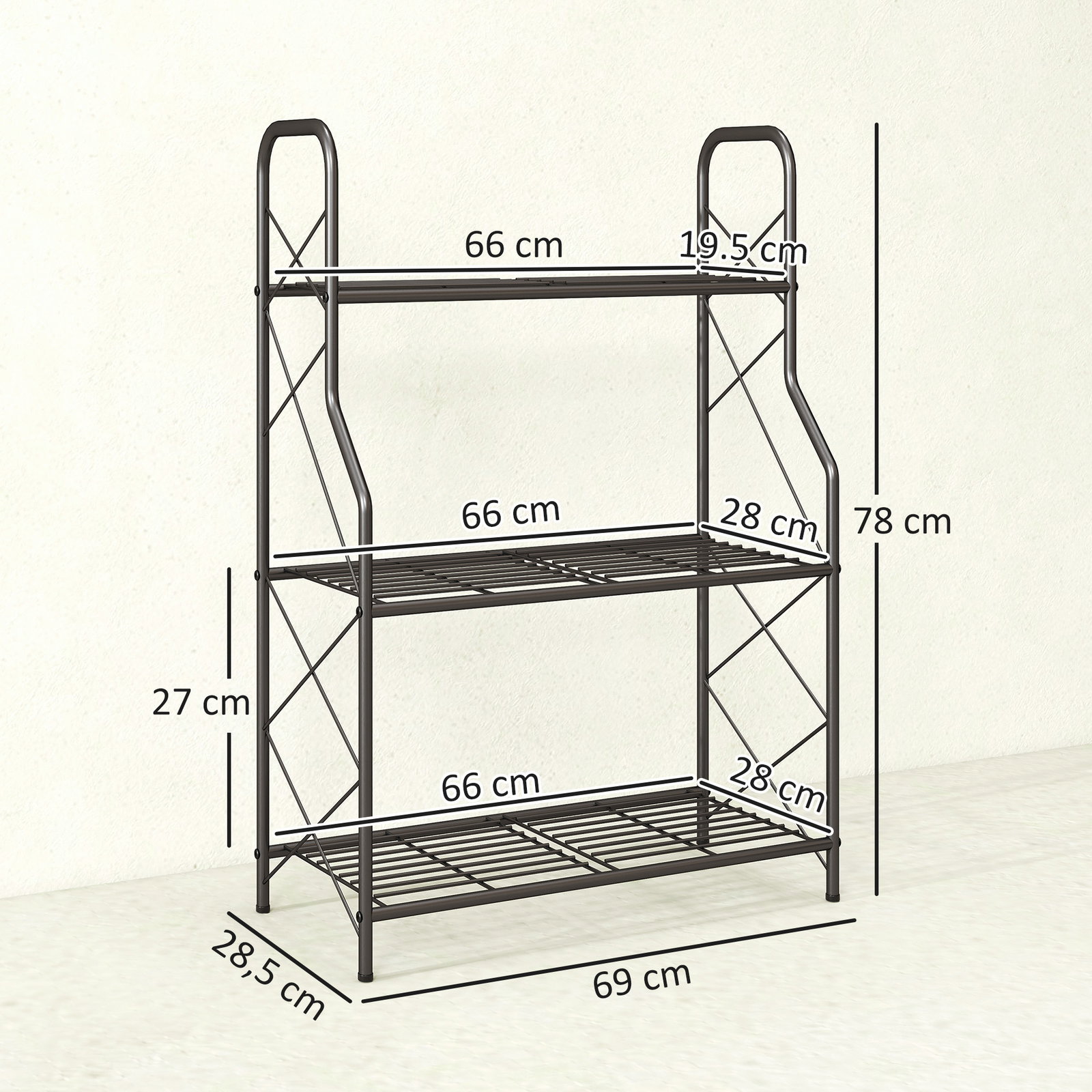 Suporte para plantas de 3 níveis estante metálica resistente para interior e exterior 69x28,5x78 cm preto