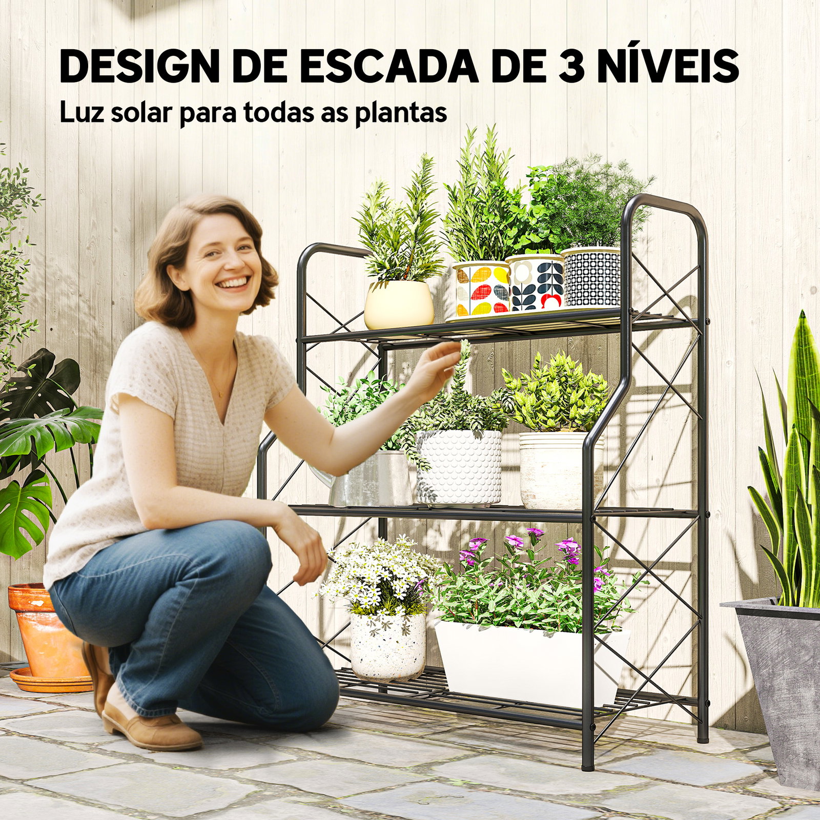Suporte para plantas de 3 níveis estante metálica resistente para interior e exterior 69x28,5x78 cm preto