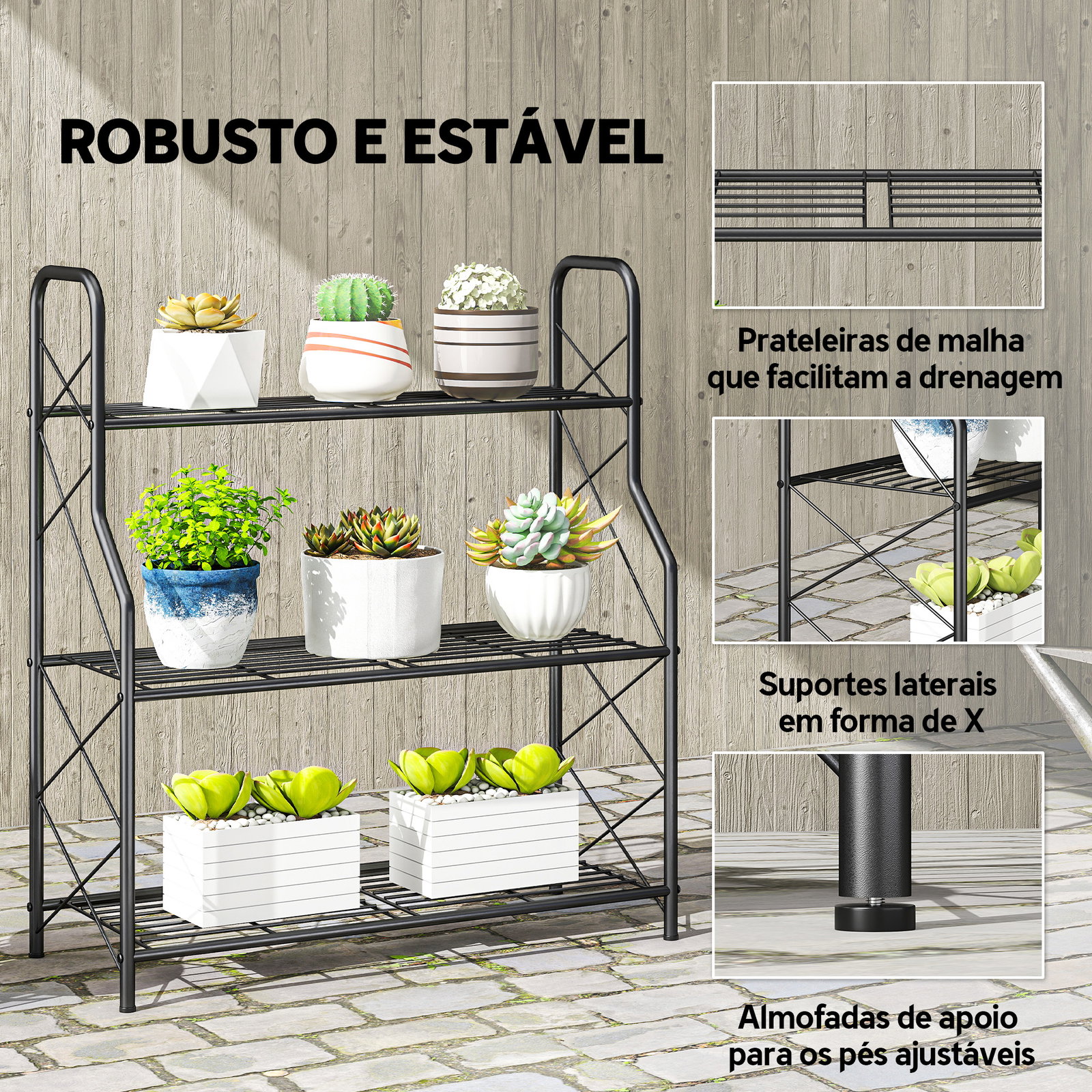Suporte para plantas de 3 níveis estante metálica resistente para interior e exterior 69x28,5x78 cm preto