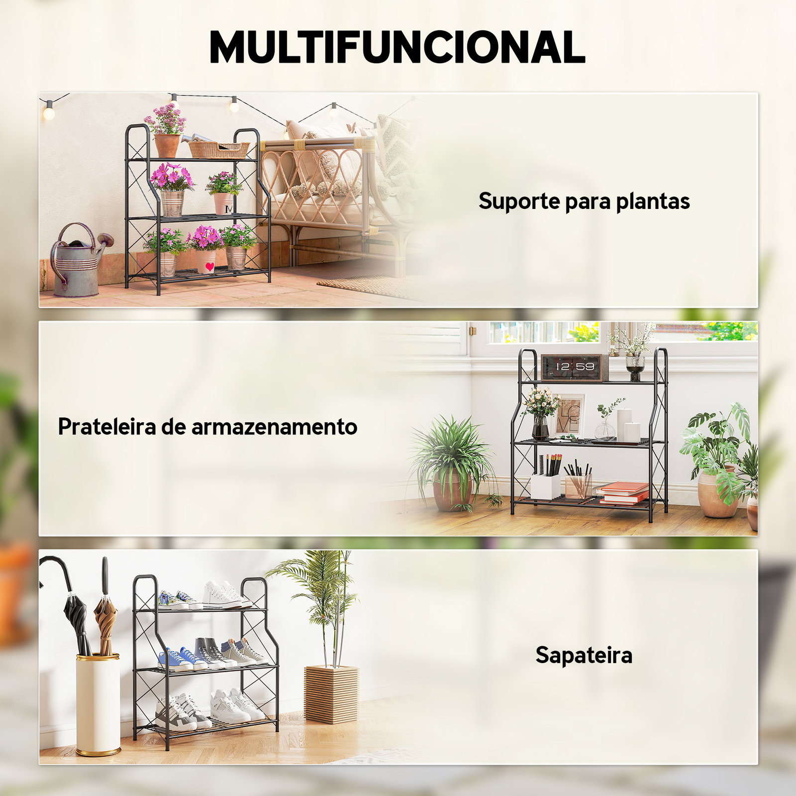 Suporte para plantas de 3 níveis estante metálica resistente para interior e exterior 69x28,5x78 cm preto