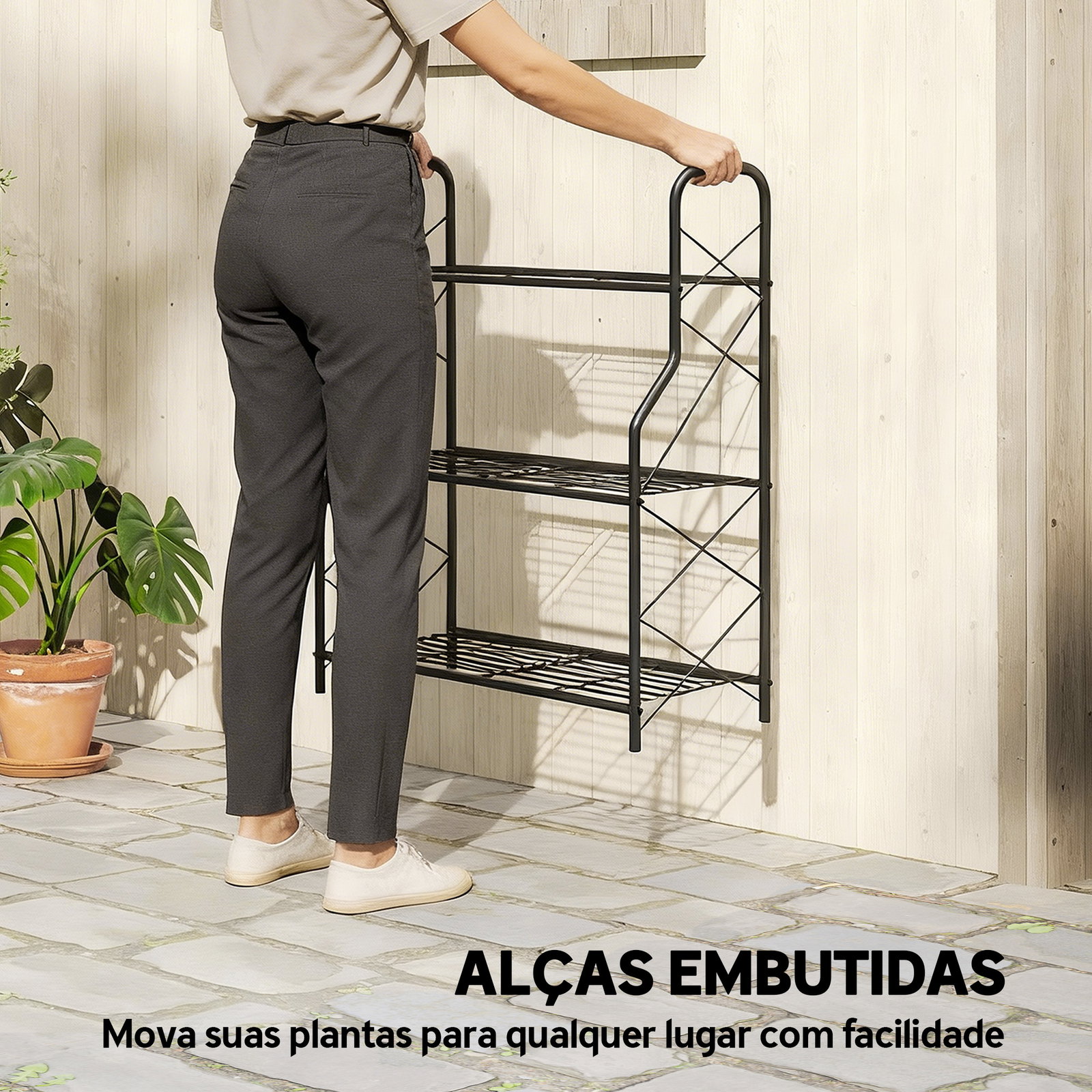 Suporte para plantas de 3 níveis estante metálica resistente para interior e exterior 69x28,5x78 cm preto