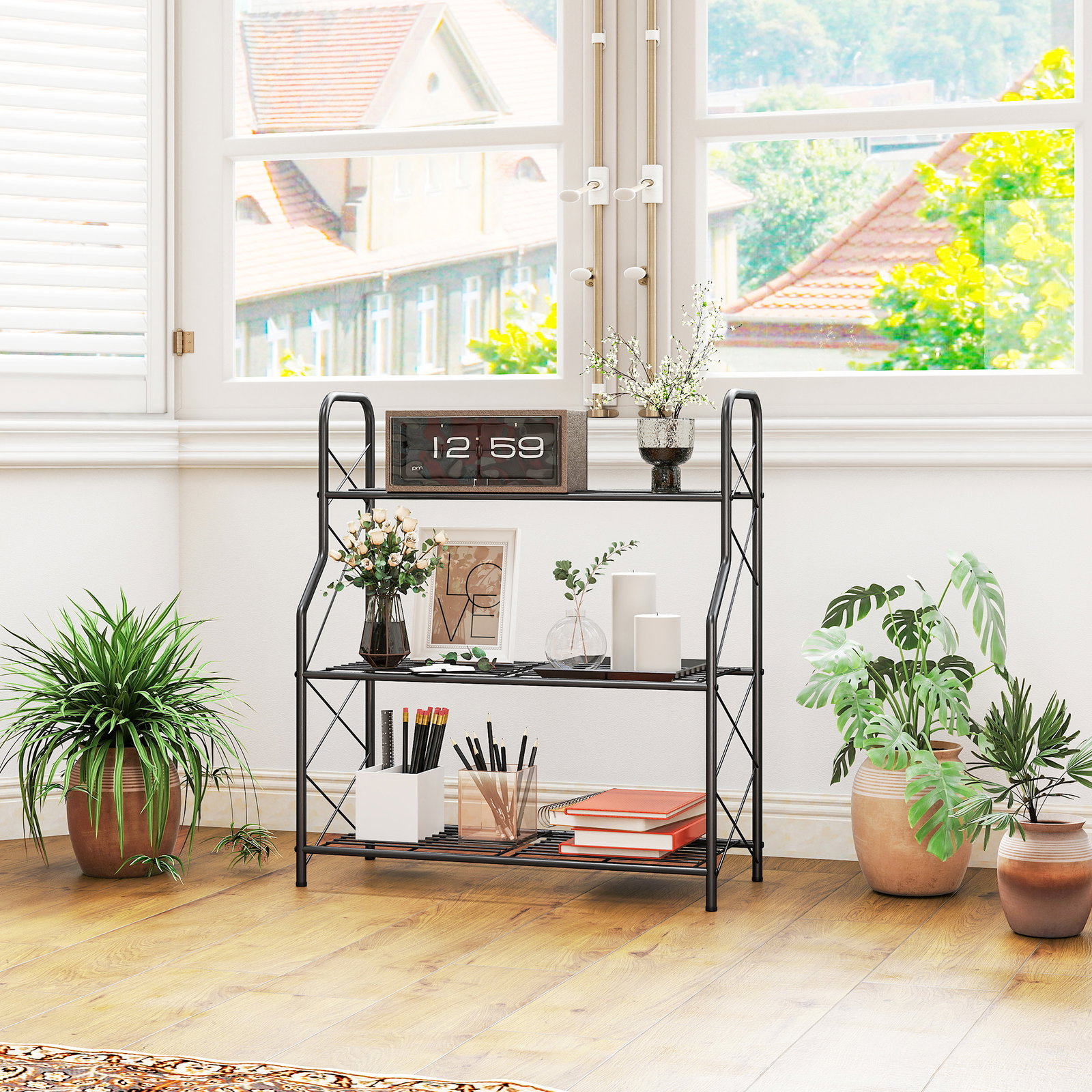 Suporte para plantas de 3 níveis estante metálica resistente para interior e exterior 69x28,5x78 cm preto