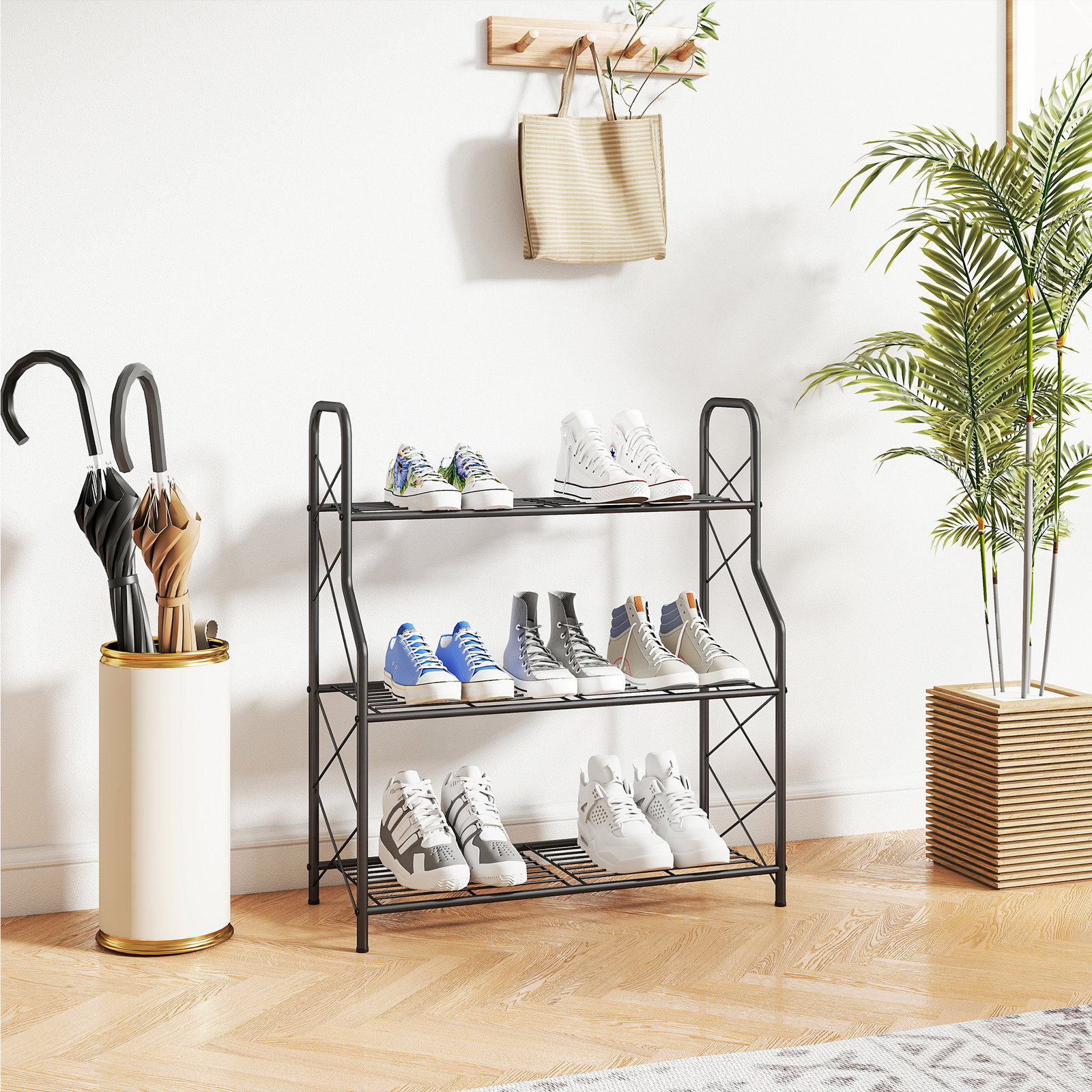 Suporte para plantas de 3 níveis estante metálica resistente para interior e exterior 69x28,5x78 cm preto