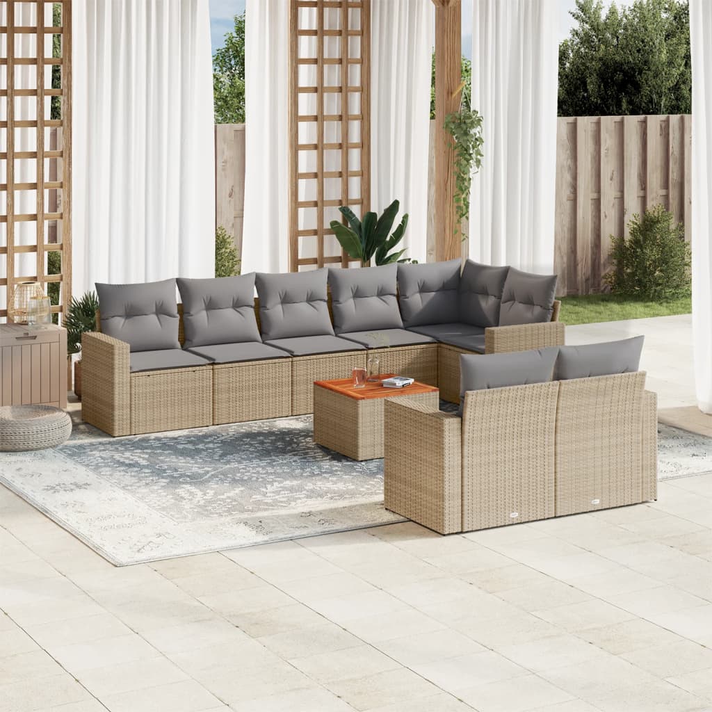 9 Pcs conj. sofás jardim c/ almofadões vime PE bege misturado