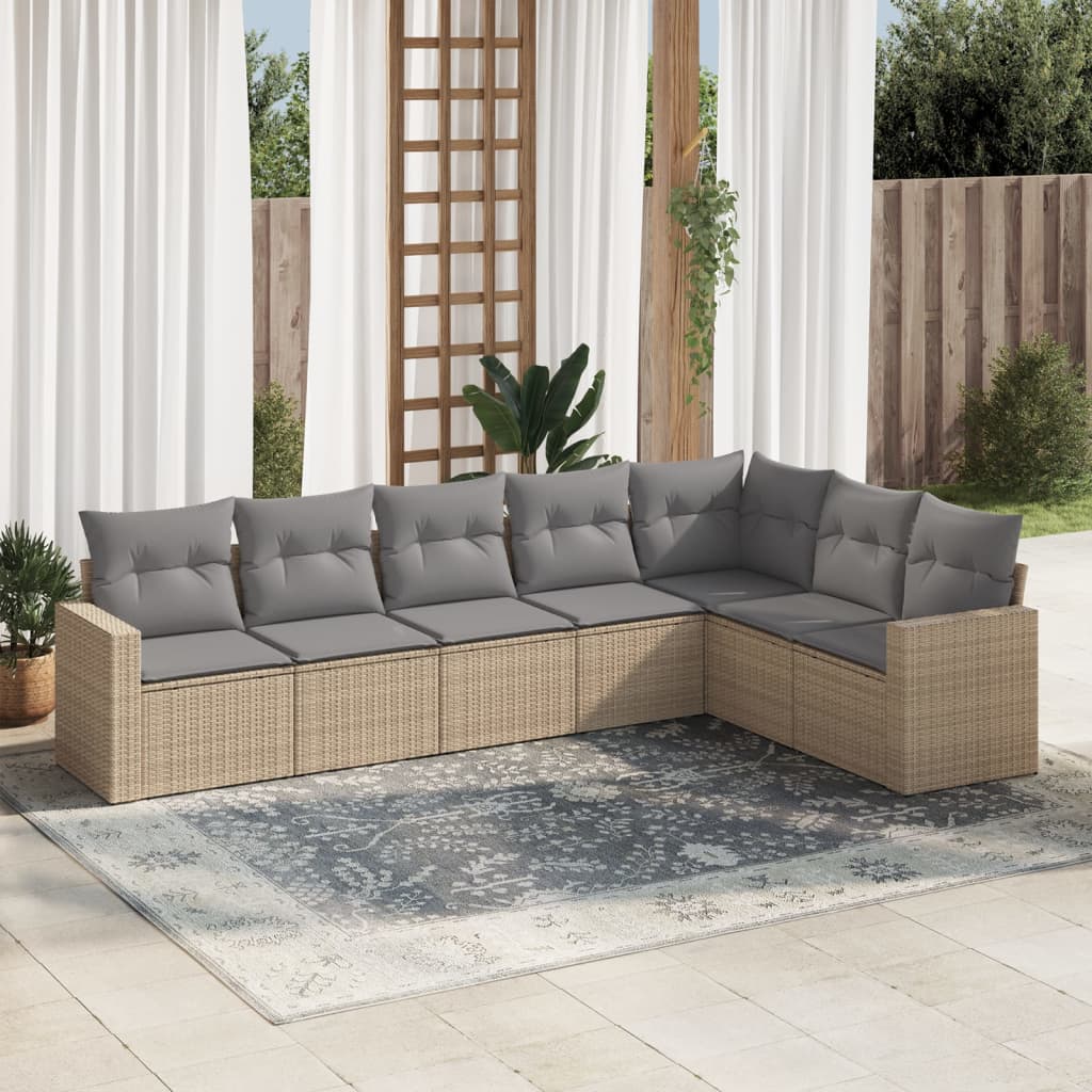 7 Pcs conjunto de sofás p/ jardim com almofadões vime PE bege