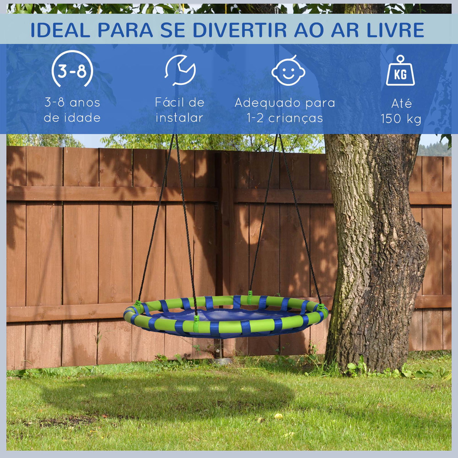 Baloiço infantil ninho com altura ajustável para crianças de 3-8 anos carga 150 kg para exterior ø100x120-180 cm azul