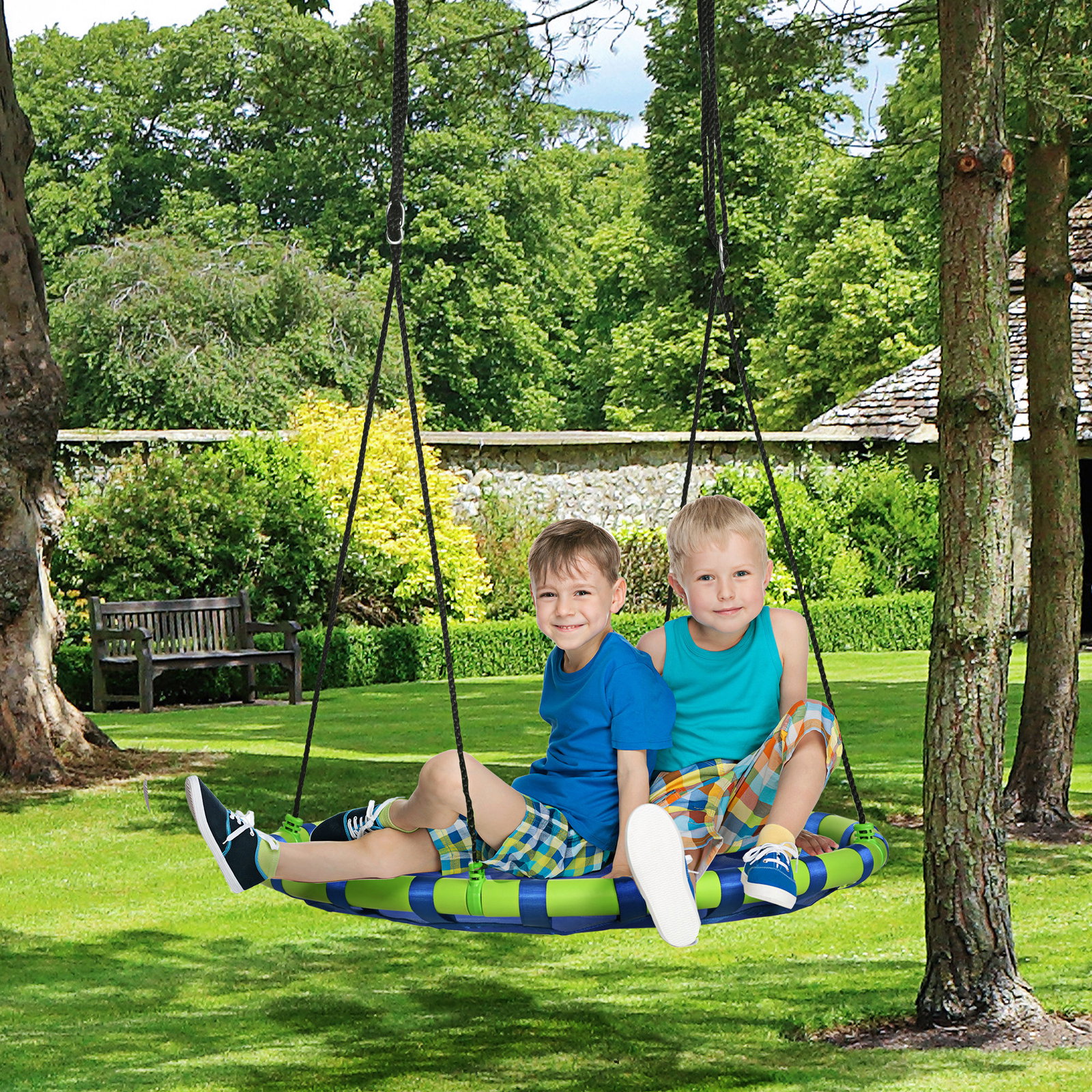 Baloiço infantil ninho com altura ajustável para crianças de 3-8 anos carga 150 kg para exterior ø100x120-180 cm azul