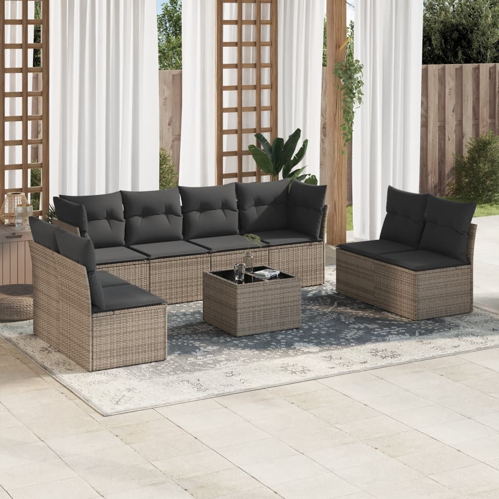 9 Pcs conjunto sofás p/ jardim com almofadões vime PE cinzento