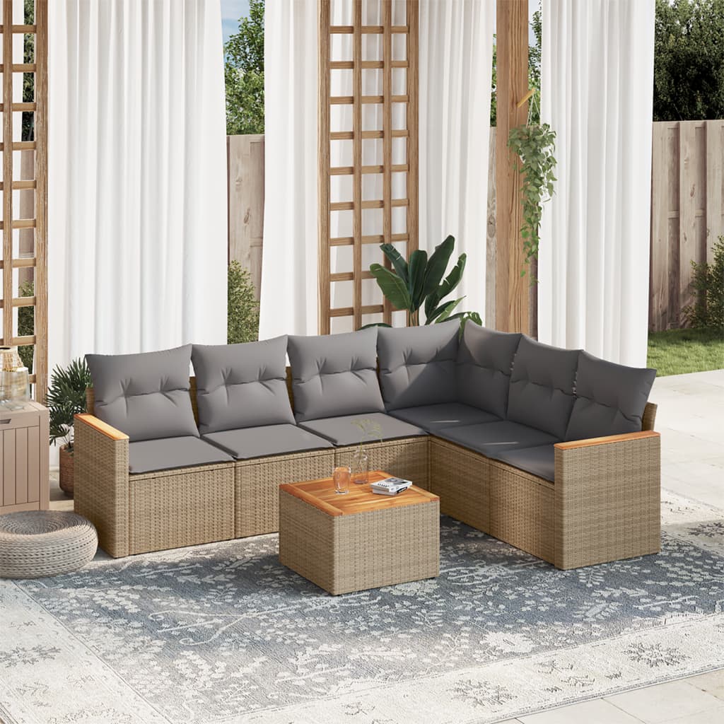 7 Pcs conj. sofás jardim c/ almofadões vime PE bege misturado