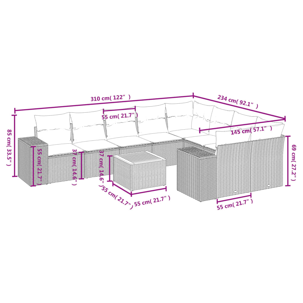 10 Pcs conjunto sofás de jardim c/ almofadões vime PE preto
