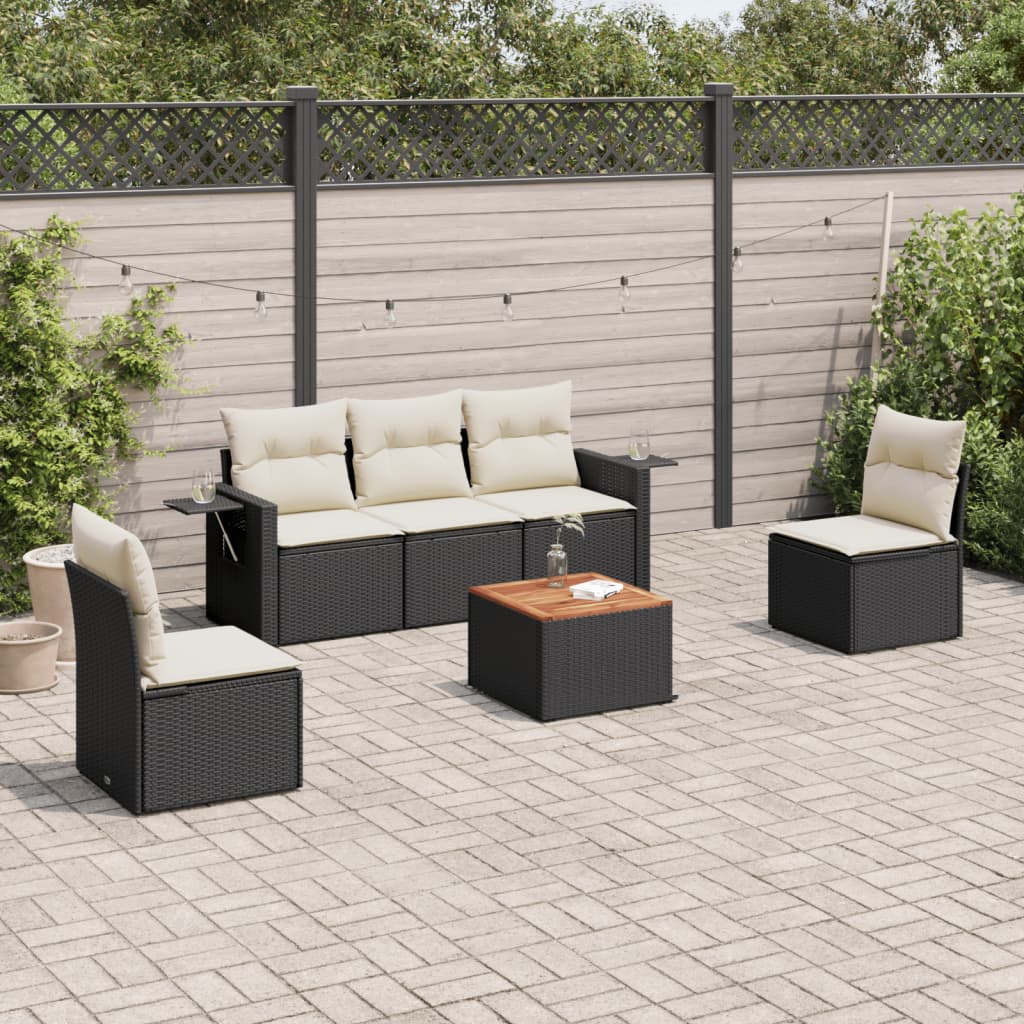 6 Pcs conjunto sofás de jardim c/ almofadões vime PE preto