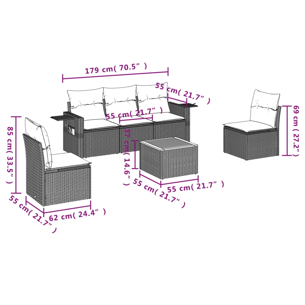 6 Pcs conjunto sofás de jardim c/ almofadões vime PE preto