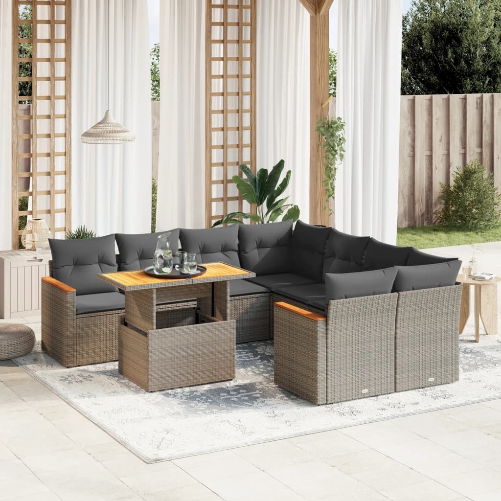 9 Pcs conjunto sofás p/ jardim com almofadões vime PE cinzento