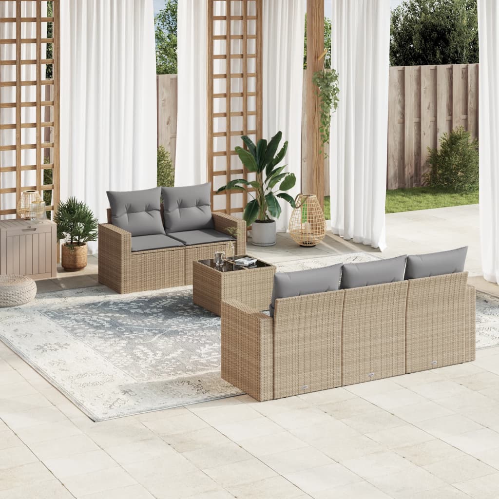 6 Pcs conjunto de sofás p/ jardim com almofadões vime PE bege
