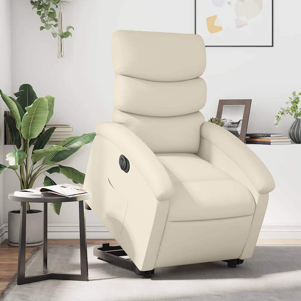 Poltrona reclinável elevatória elétrica couro artificial creme