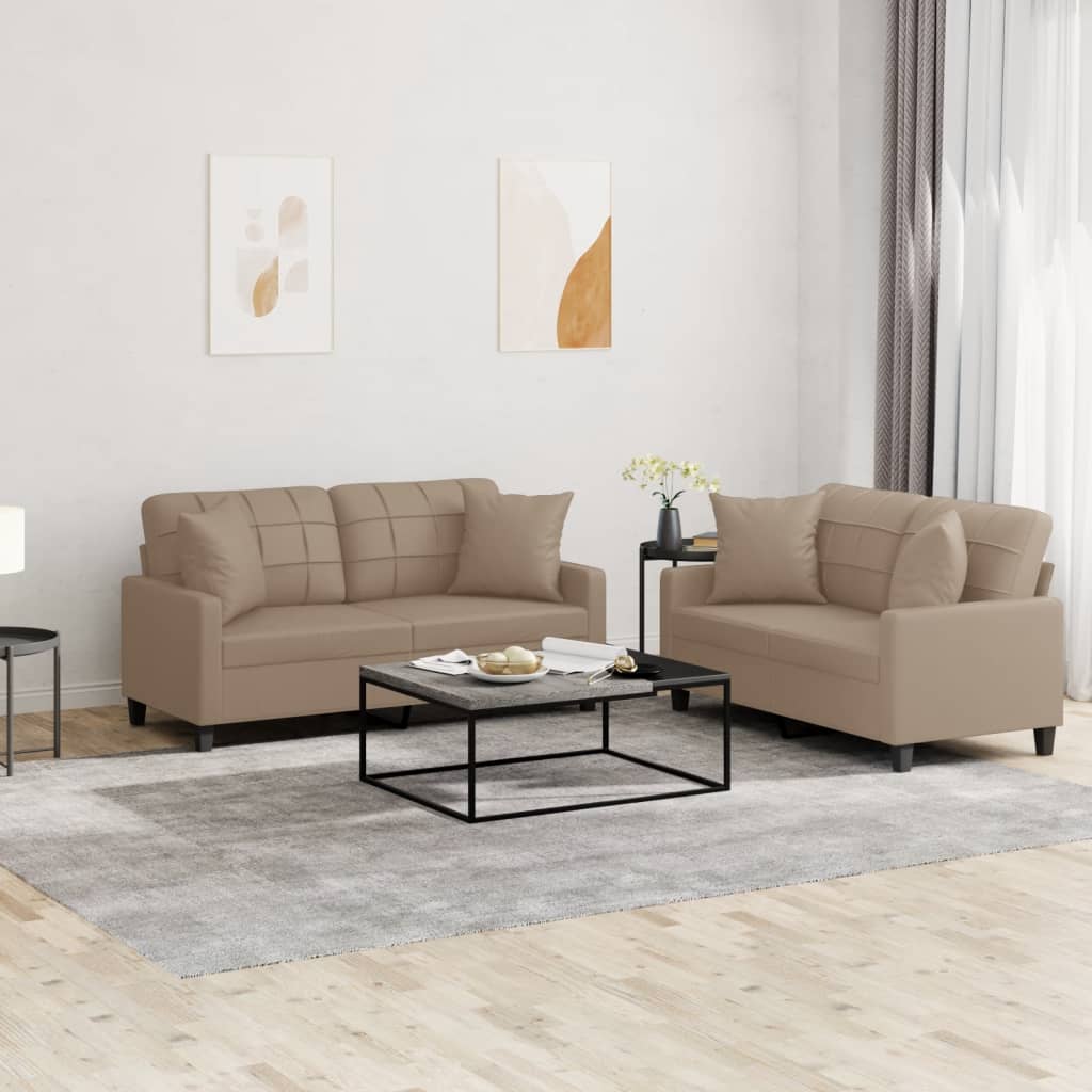 2 Pcs conjunto sofás c/ almofadas couro artificial cappuccino