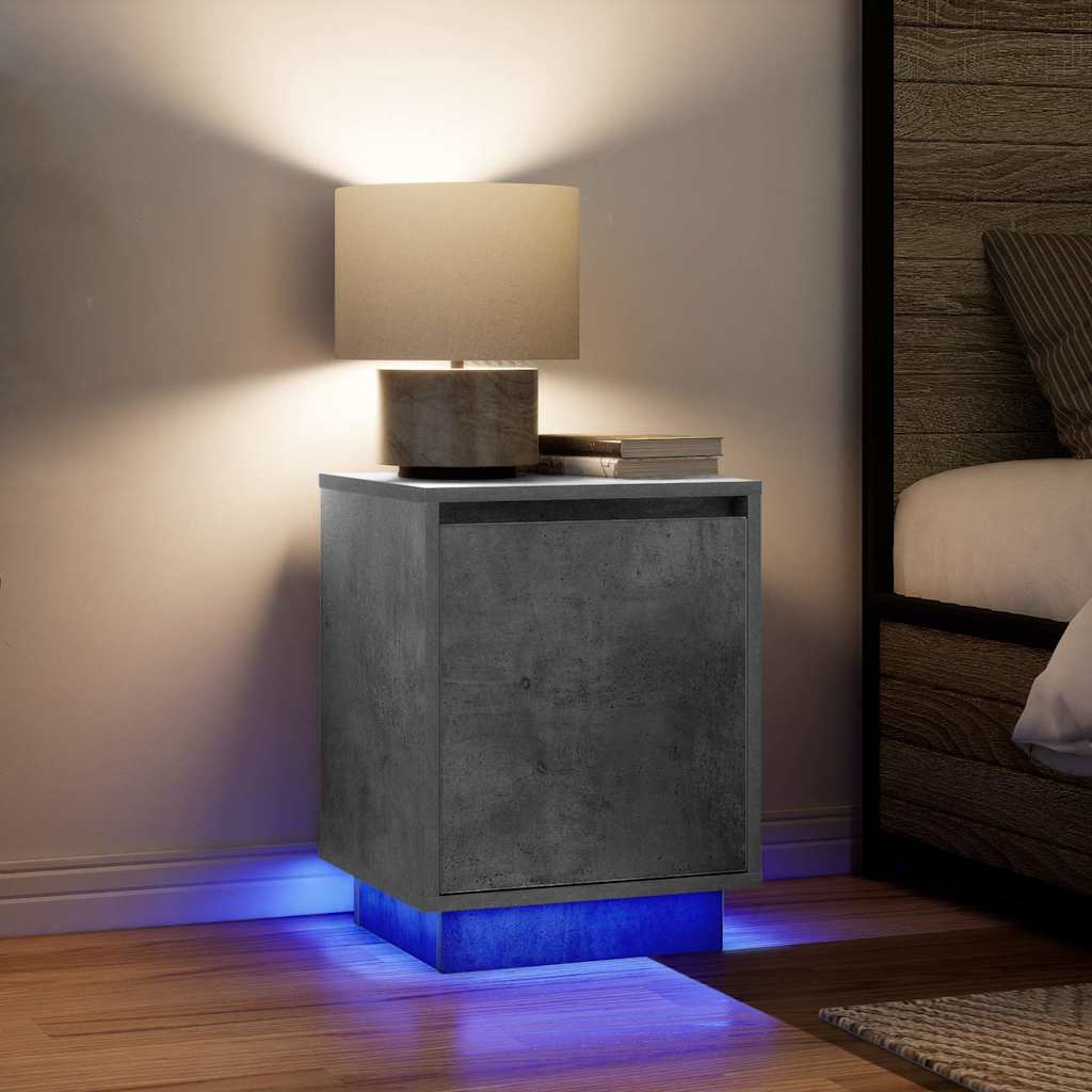 Mesas cabeceira c/ luzes LED 2 pcs 38x34x50 cm cinzento-cimento