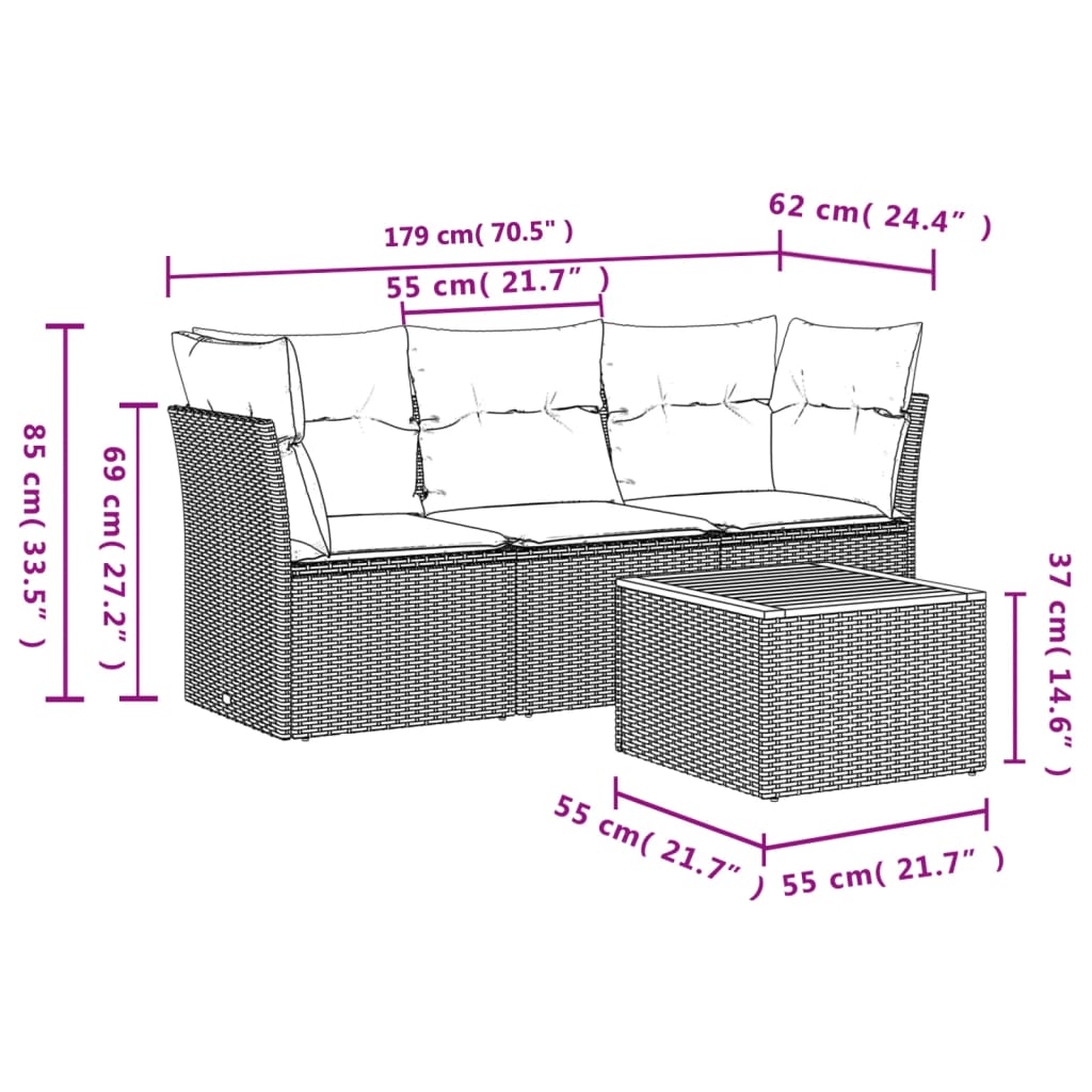 4 Pcs conjunto sofás de jardim c/ almofadões vime PE cinzento