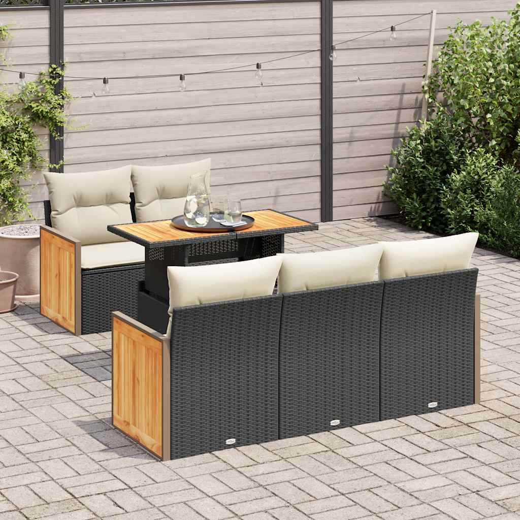 6 Pcs conjunto sofás jardim c/ almofadões vime PE/acácia preto