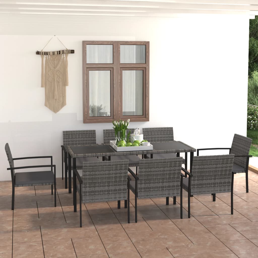 9 Pcs conjunto de jantar para jardim vime PE cinzento