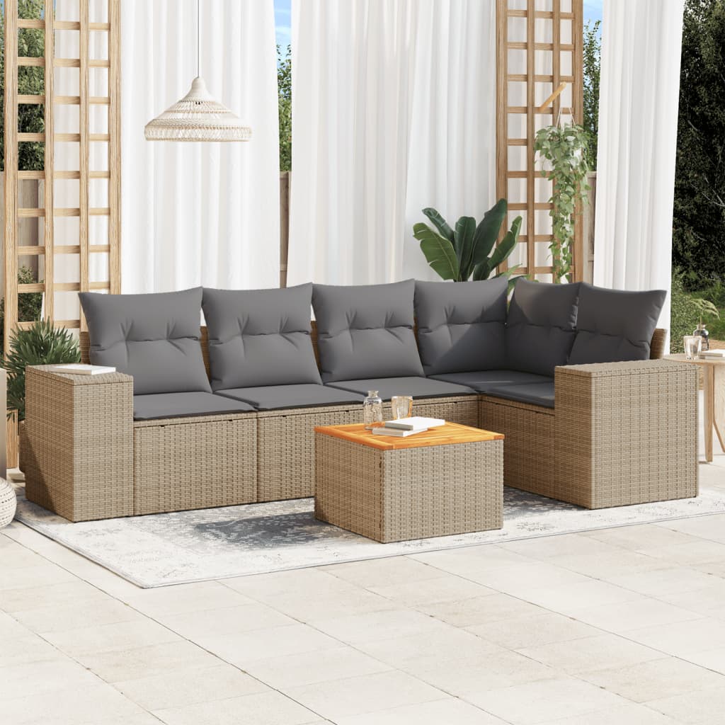 6 Pcs conjunto de sofás p/ jardim com almofadões vime PE bege