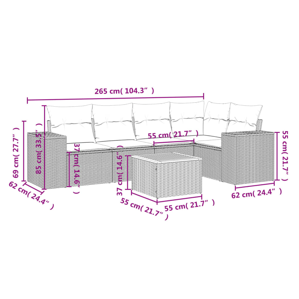 6 Pcs conjunto de sofás p/ jardim com almofadões vime PE bege