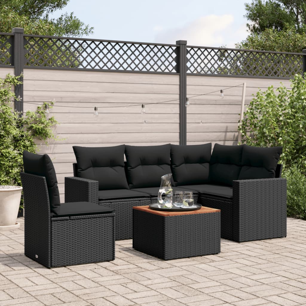 6 Pcs conjunto sofás de jardim c/ almofadões vime PE preto