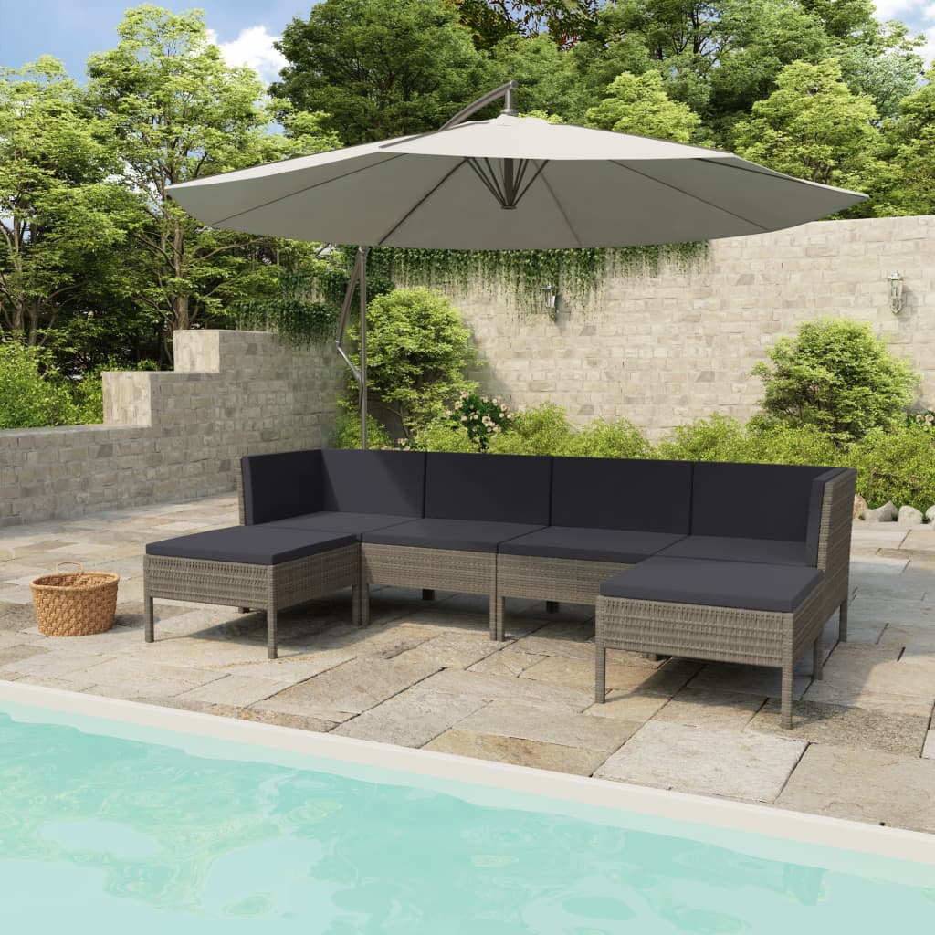 6 Pcs conjunto lounge de jardim c/ almofadões vime PE cinzento
