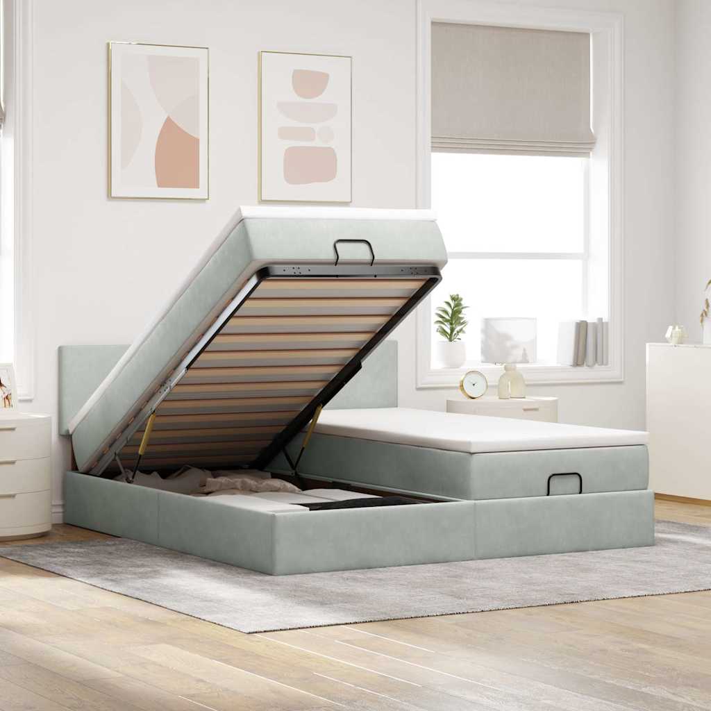 Estrutura cama otomana colchões 160x200cm veludo cinzento claro