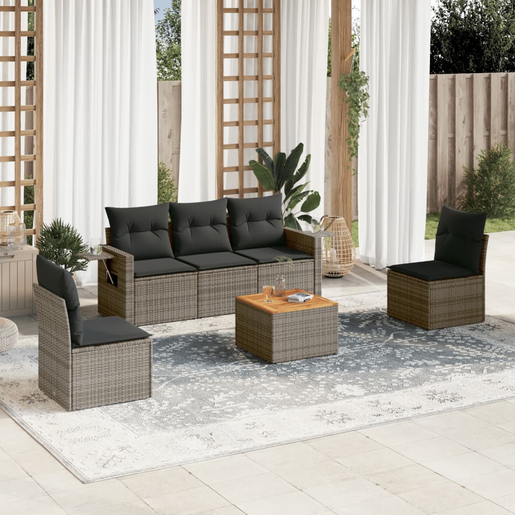 6 Pcs conjunto sofás de jardim com almofadões vime cinzento
