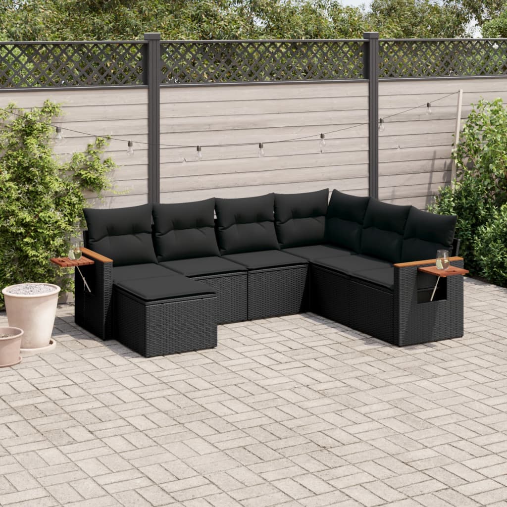 7 Pcs conjunto de sofás p/ jardim c/ almofadões vime PE preto