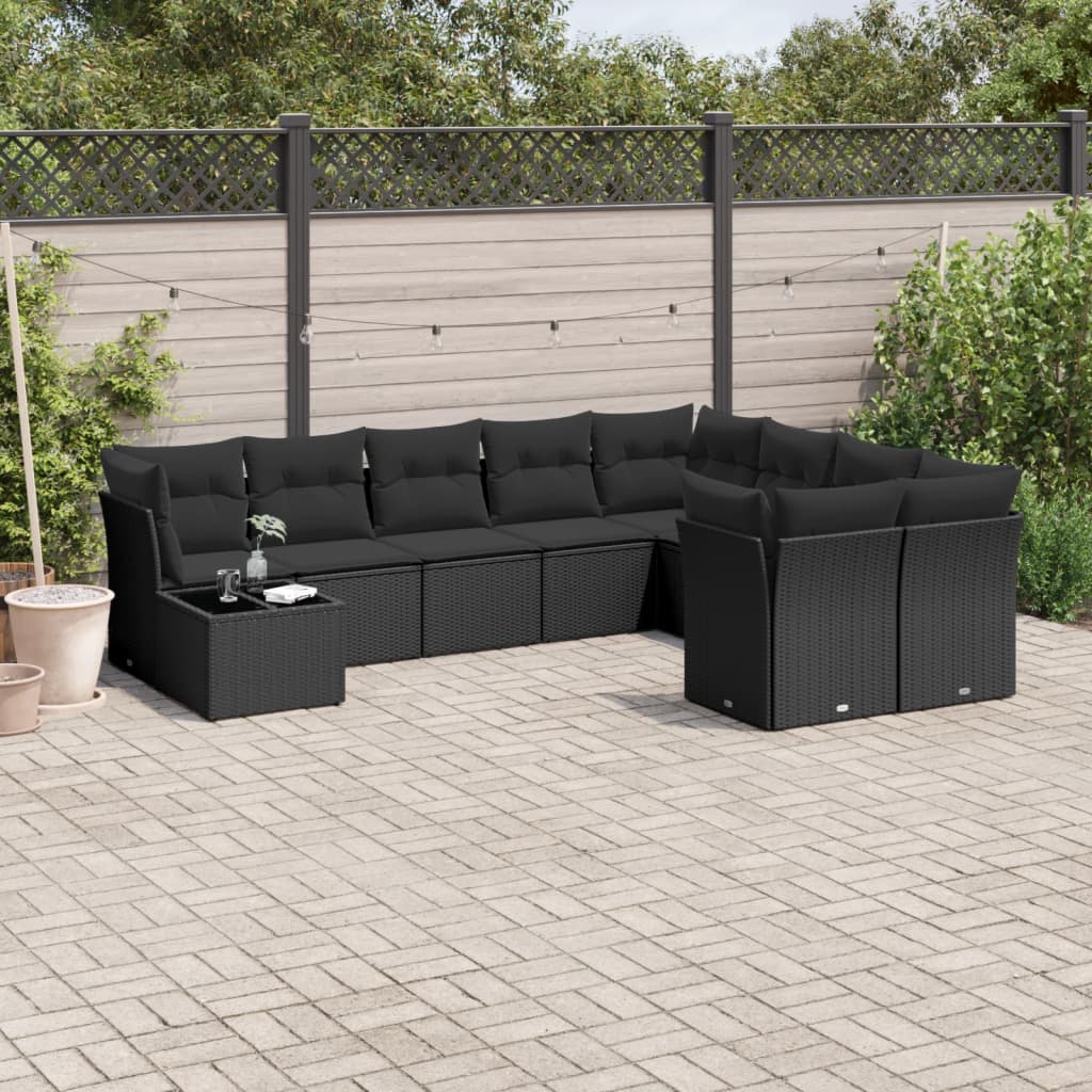 10 Pcs conjunto sofás de jardim c/ almofadões vime PE preto