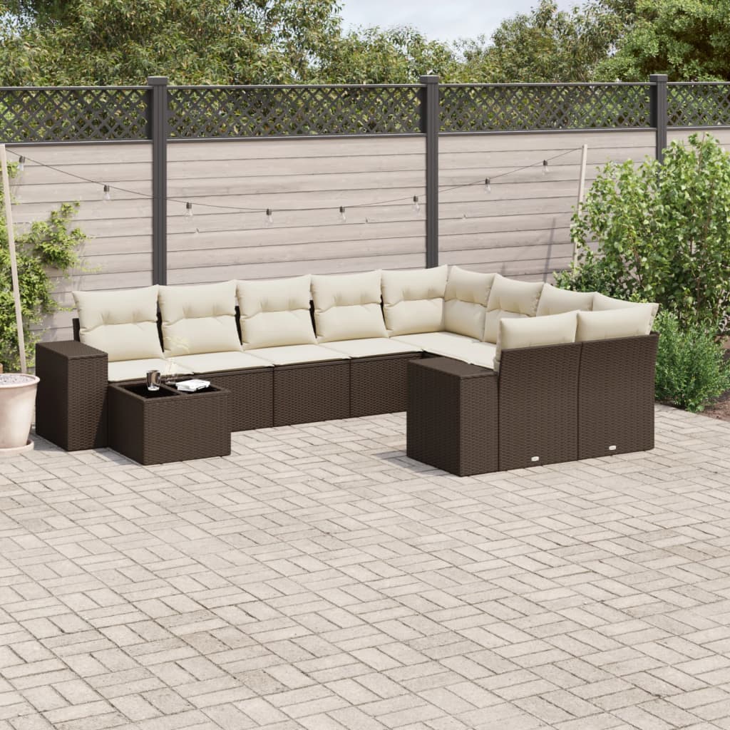 10 Pcs conj. sofás jardim com almofadões vime PE castanho