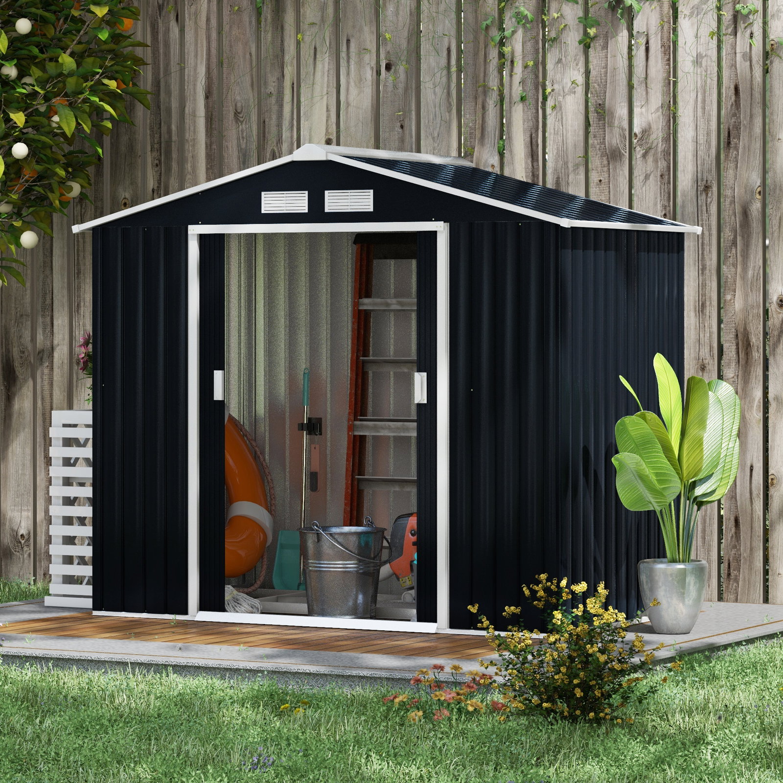 Abrigo de Jardim 213x130x185cm Abrigo de Jardim Metálico de Exterior com 2 Portas Deslizantes e 4 Janelas Cinza Escuro