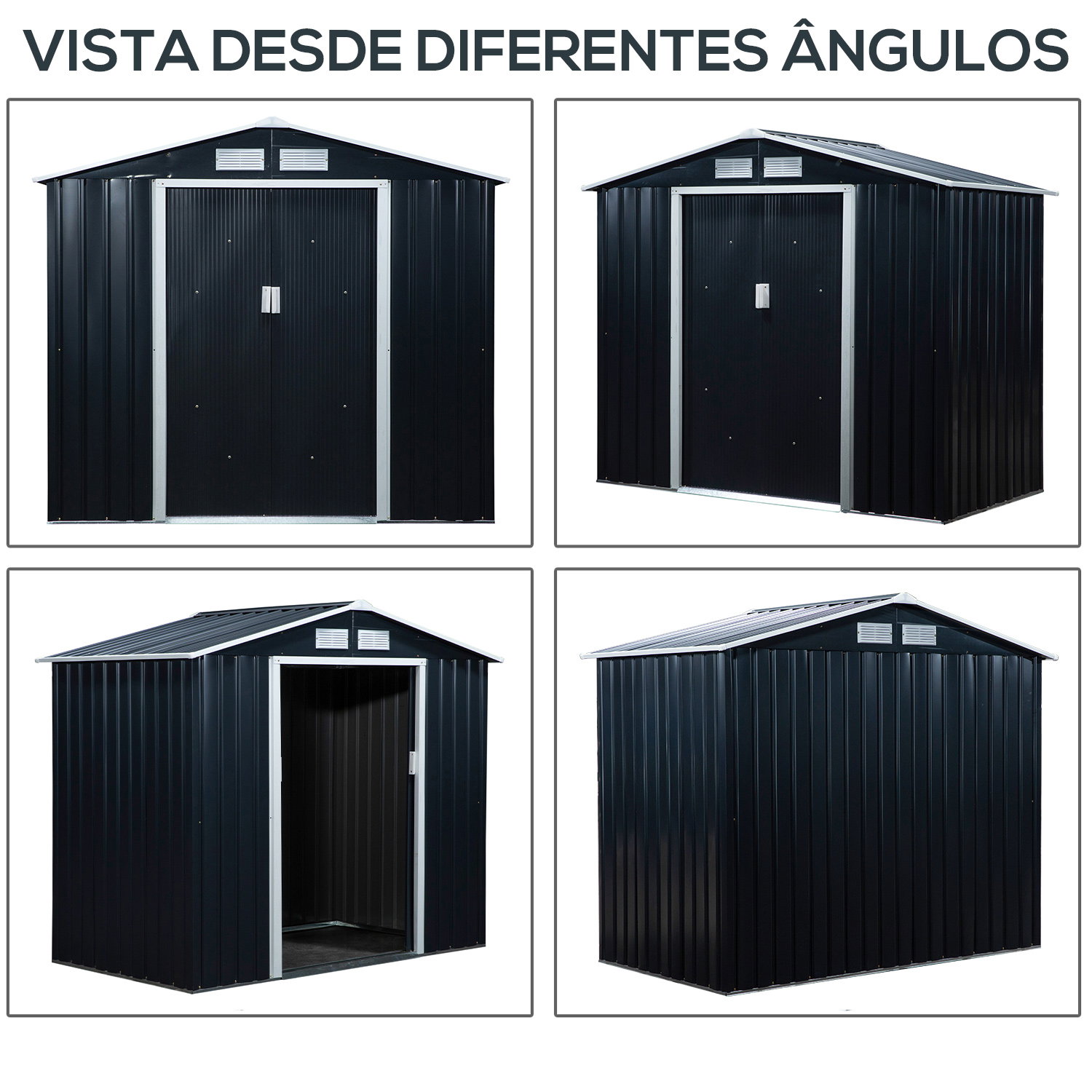 Abrigo de Jardim 213x130x185cm Abrigo de Jardim Metálico de Exterior com 2 Portas Deslizantes e 4 Janelas Cinza Escuro