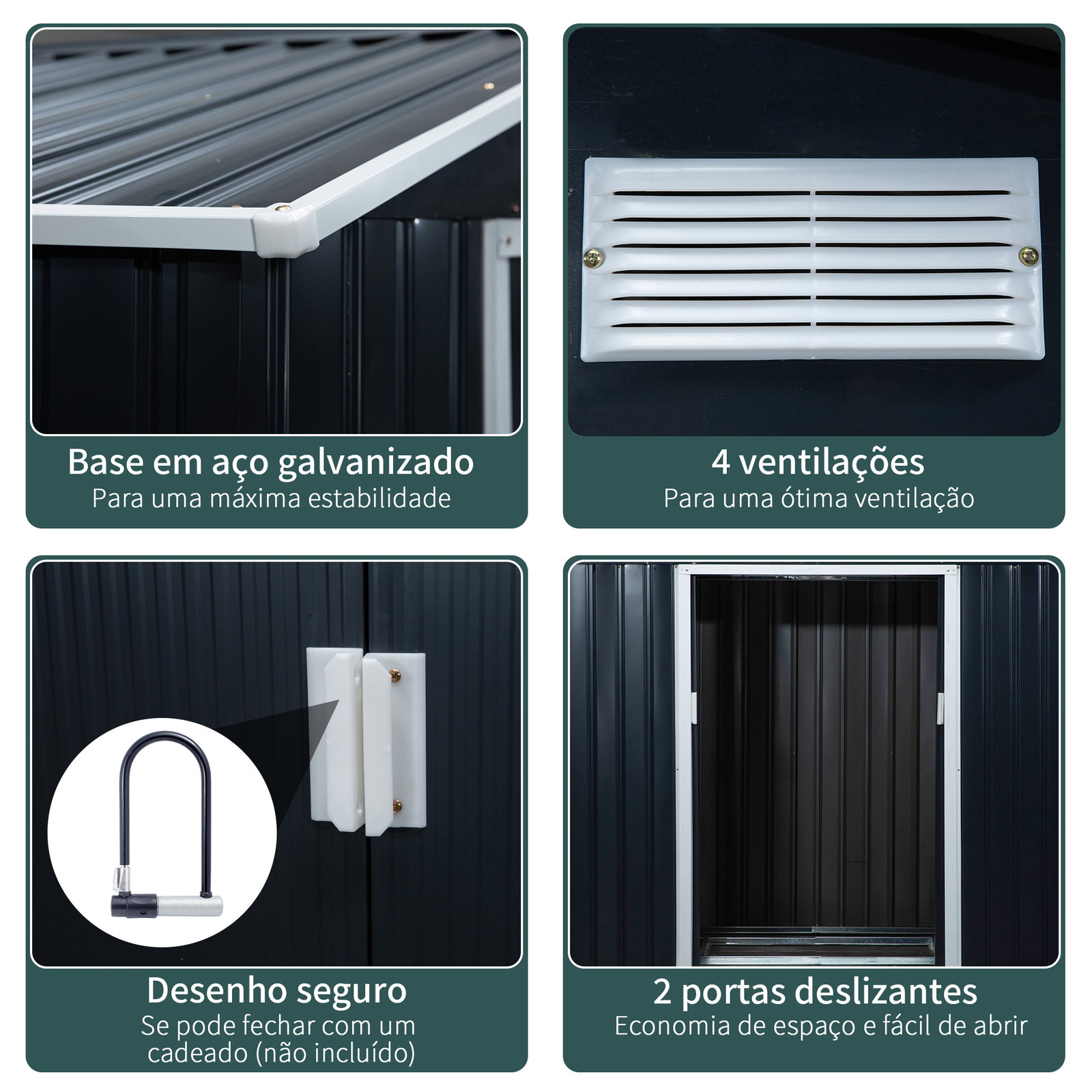 Abrigo de Jardim 213x130x185cm Abrigo de Jardim Metálico de Exterior com 2 Portas Deslizantes e 4 Janelas Cinza Escuro