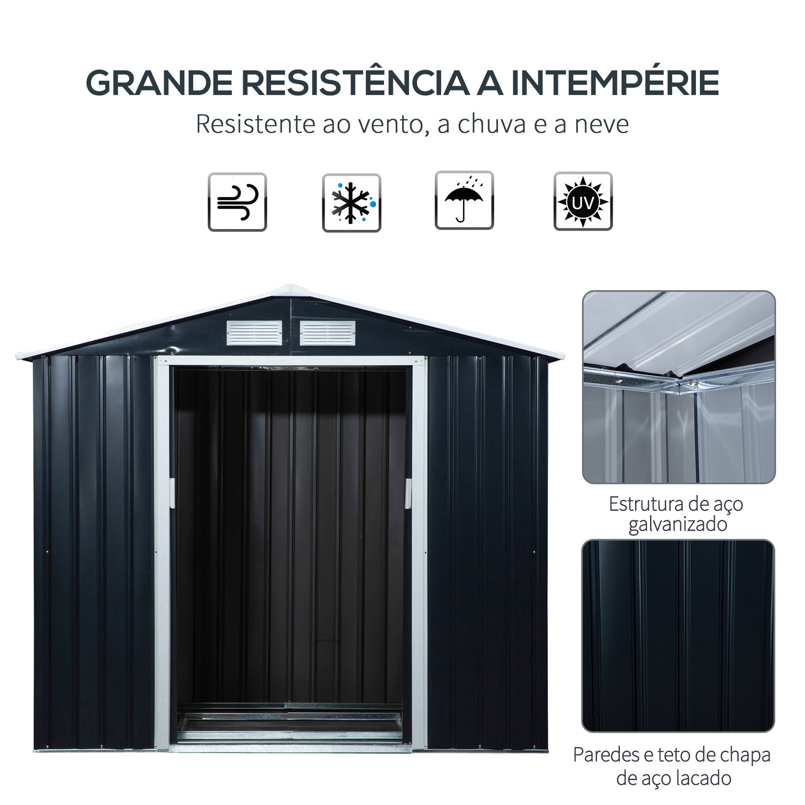 Abrigo de Jardim 213x130x185cm Abrigo de Jardim Metálico de Exterior com 2 Portas Deslizantes e 4 Janelas Cinza Escuro