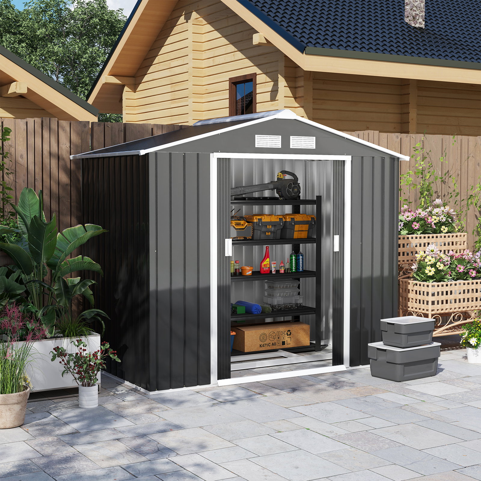 Abrigo de Jardim 213x130x185cm Abrigo de Jardim Metálico de Exterior com 2 Portas Deslizantes e 4 Janelas Cinza Escuro