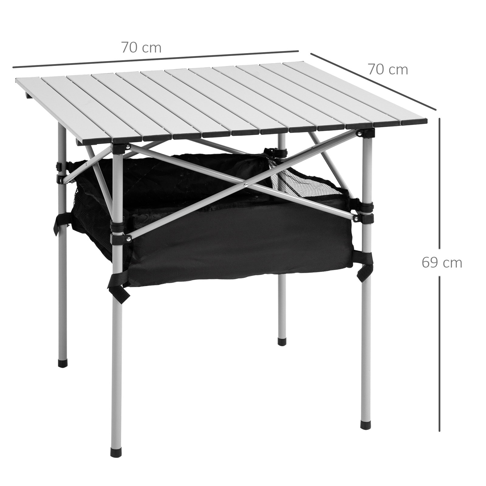 Mesa Dobrável de Campismo Mesa de Piquenique com Armazenamento e Bolsa de Transporte 70x70x69 cm Prata e Preto