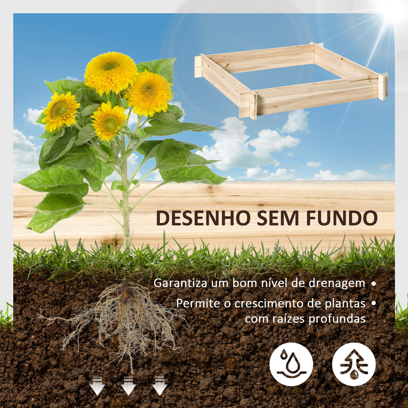 Caixa de Plantio de Madeira Quadrada de Chão Horta Vertical para Cultivos de Plantas Flores Ervas Terraço 100x100x16cm Madeira N