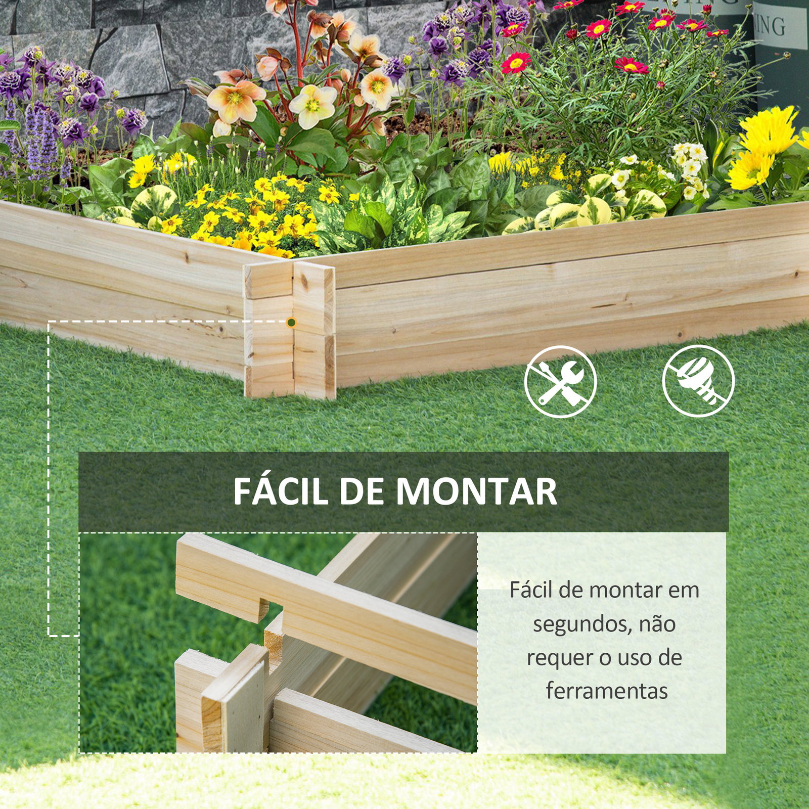 Caixa de Plantio de Madeira Quadrada de Chão Horta Vertical para Cultivos de Plantas Flores Ervas Terraço 100x100x16cm Madeira N