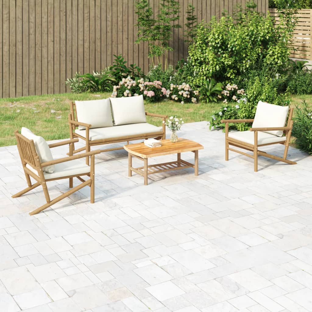 4 Pcs conjunto lounge de jardim bambu c/ almofadões branco nata