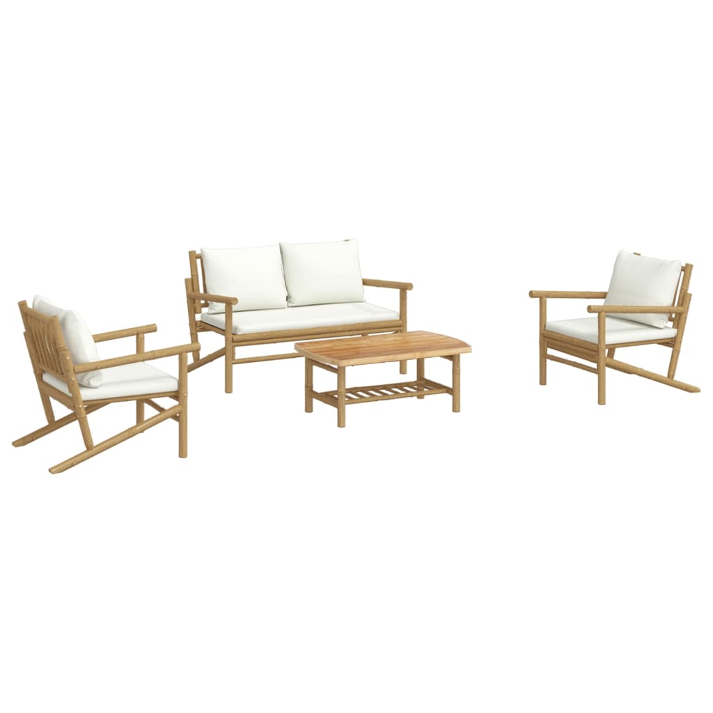 4 Pcs conjunto lounge de jardim bambu c/ almofadões branco nata
