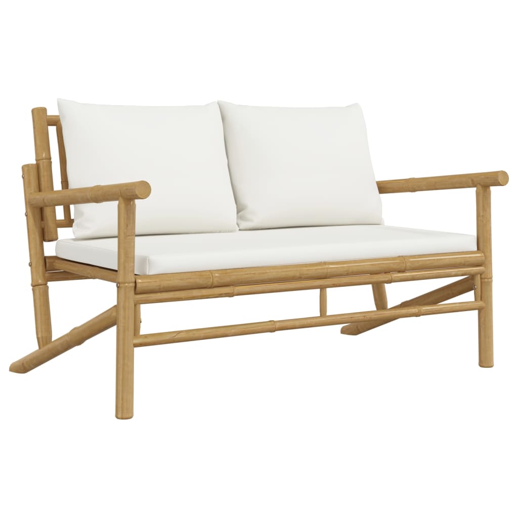 4 Pcs conjunto lounge de jardim bambu c/ almofadões branco nata