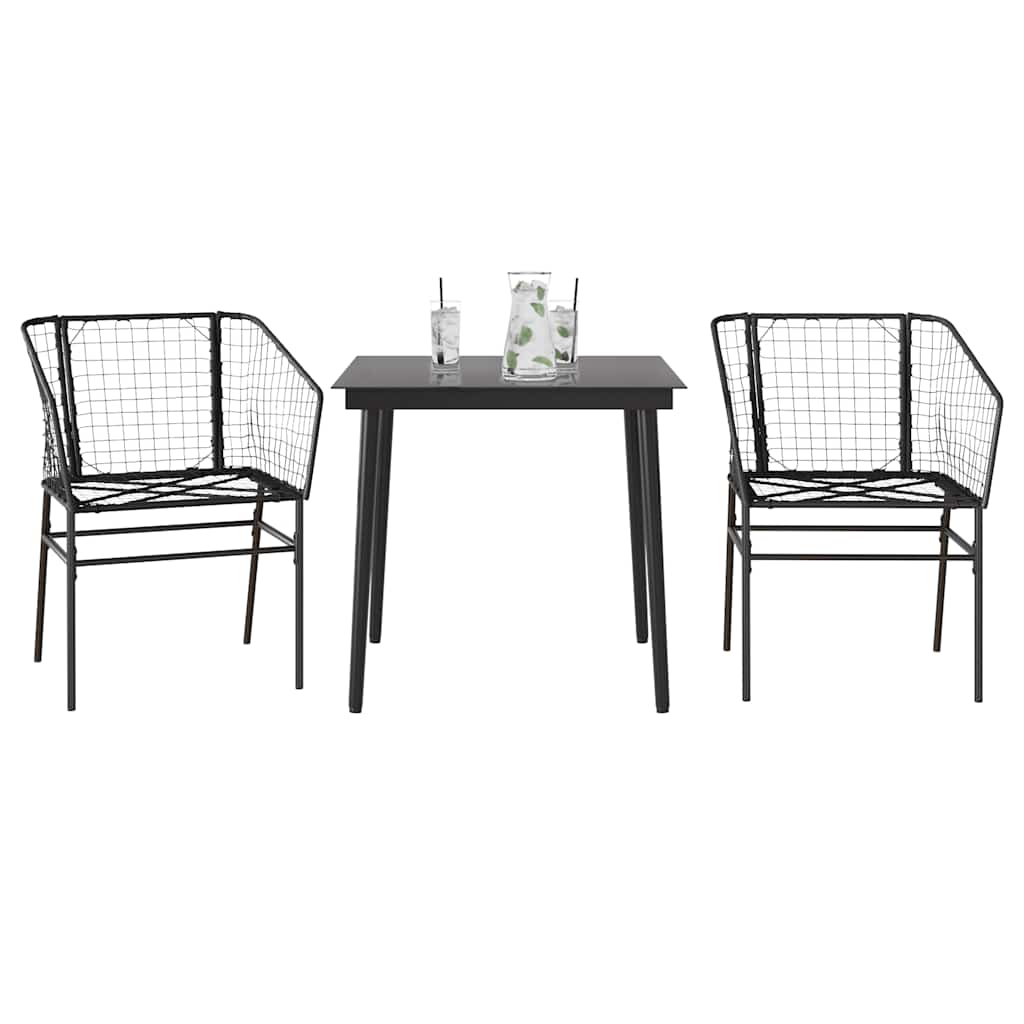 3 Pcs conjunto de jantar para jardim vime PE vidro preto