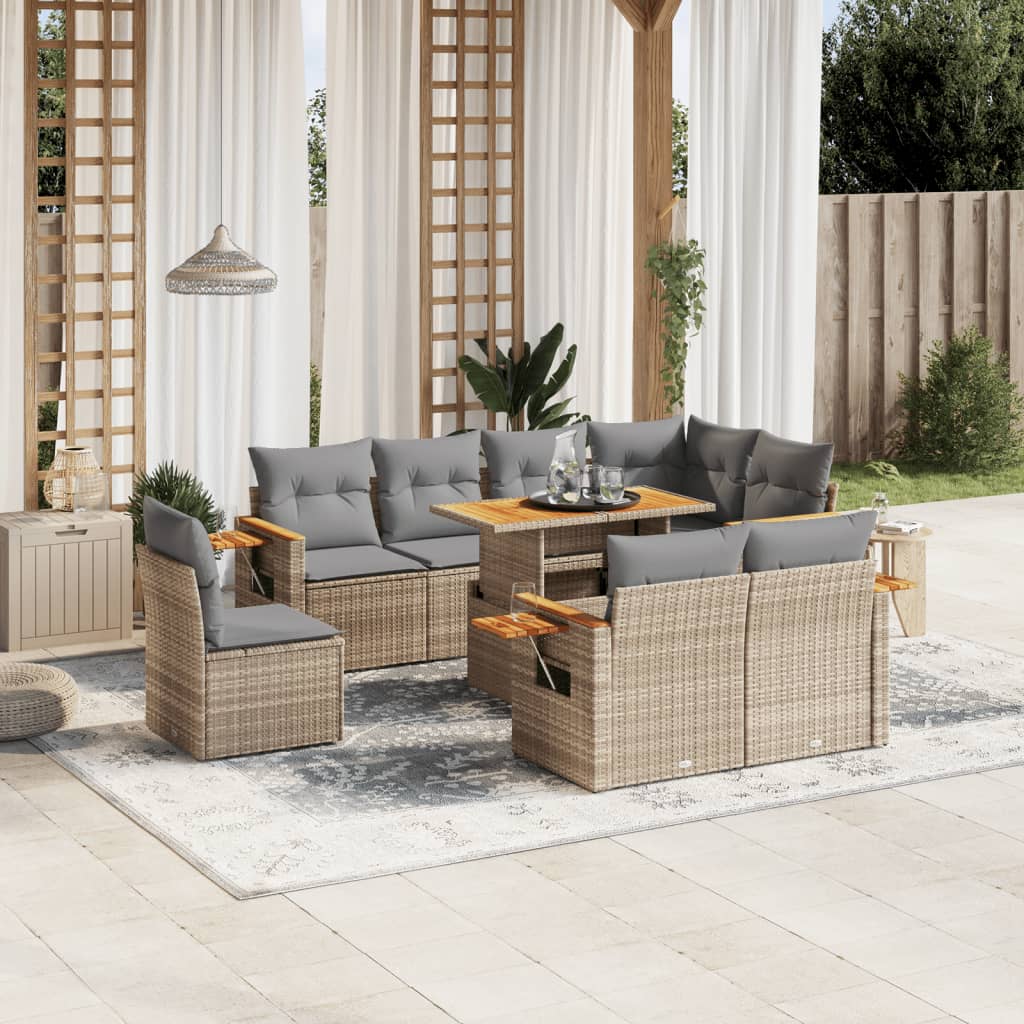 9 Pcs conjunto de sofás p/ jardim com almofadões vime PE bege