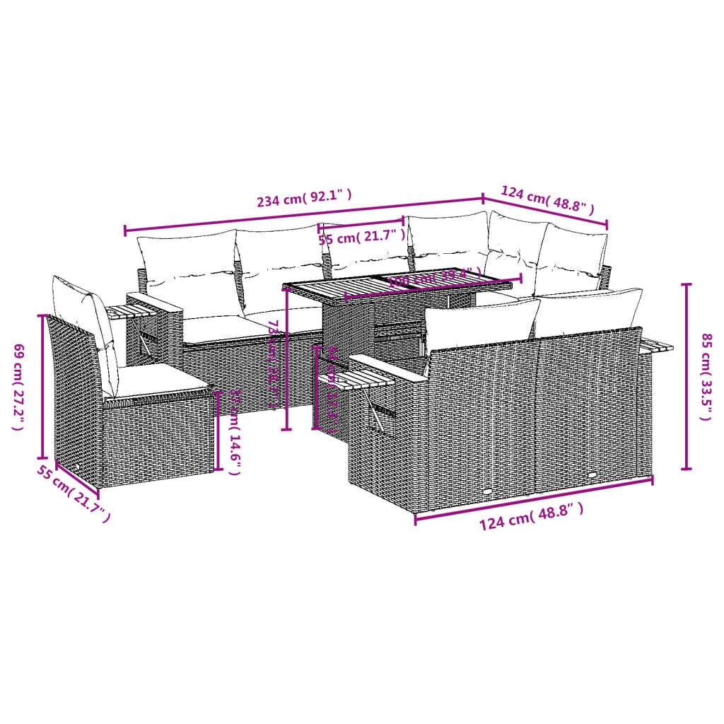 9 Pcs conjunto de sofás p/ jardim com almofadões vime PE bege