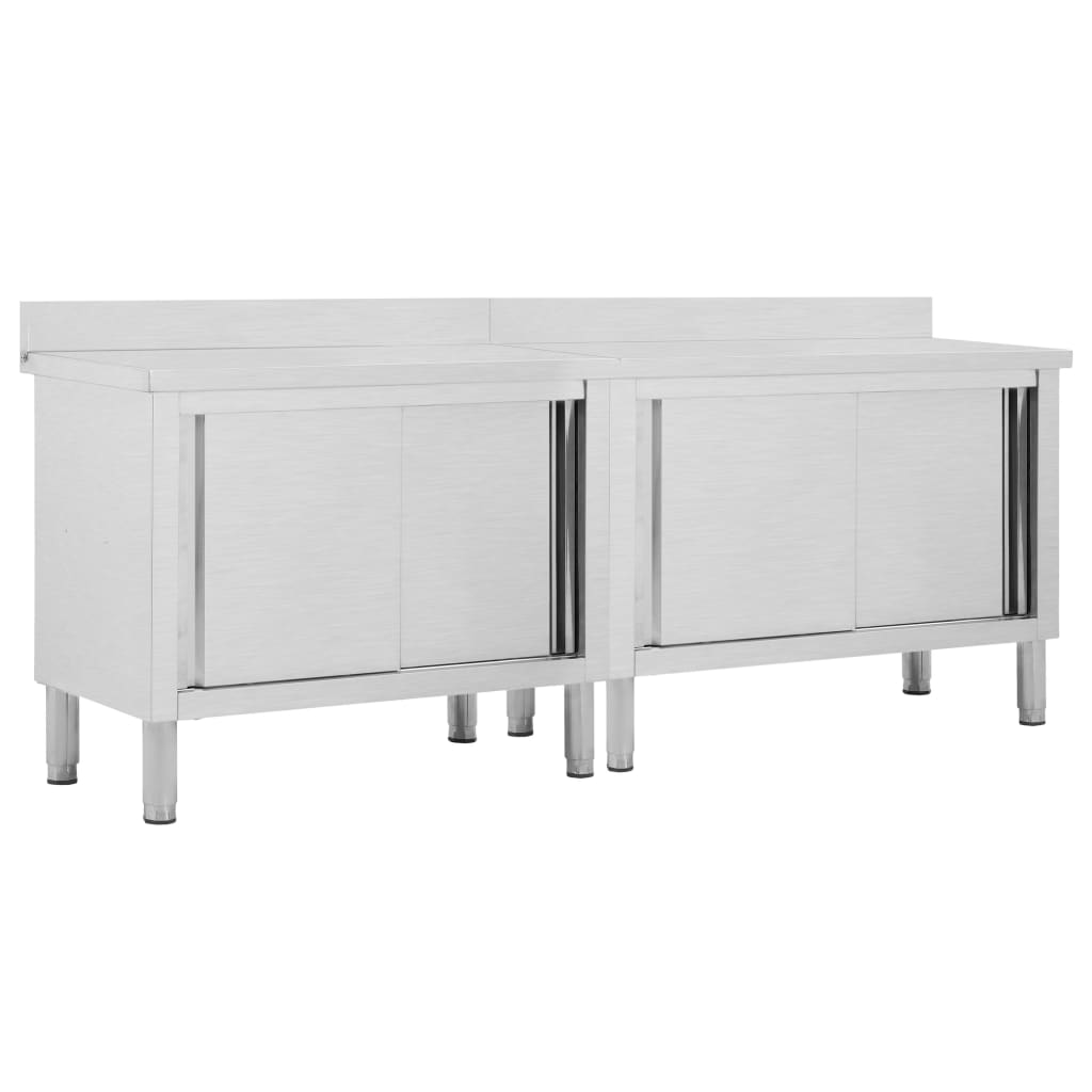 Mesas trabalho c/ portas correr 2pcs 240x50x(95-97)cm aço inox.