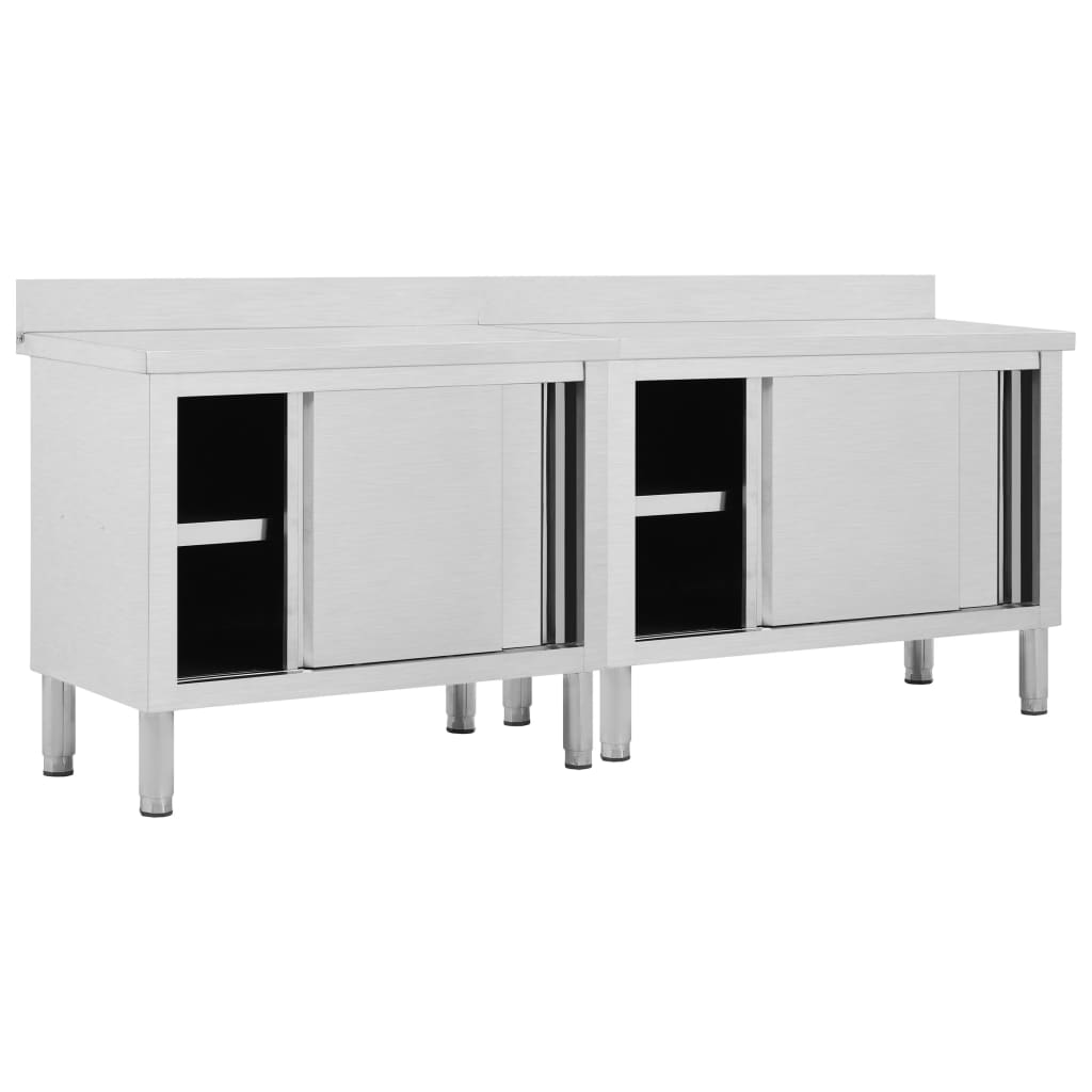 Mesas trabalho c/ portas correr 2pcs 240x50x(95-97)cm aço inox.