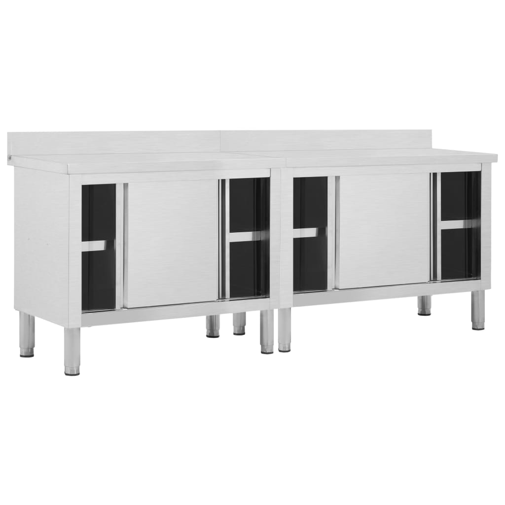 Mesas trabalho c/ portas correr 2pcs 240x50x(95-97)cm aço inox.